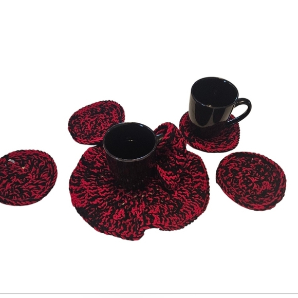 Hand Crafted Hand Knit Crochet Coaster 6pc Set Red & black double stitch floral - Picture 6 of 17